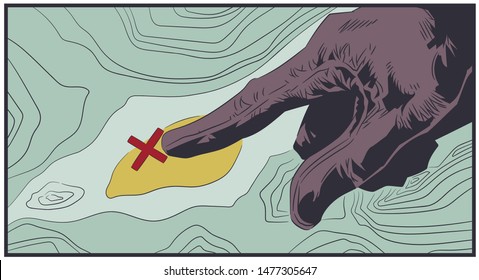 Vector. Stock illustration. Gloved hand pointing a secret place.