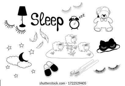 Vector stock illustration of the good night set. Doodle style, simple drawing of sheep, lambs, cloud, moon, sleep mask, lamp, Slippers, stuffed toy, toothbrush, alarm clock, zzz. Stickers isolated  