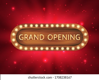 Vector stock  illustration. Grand opening text. Wooden frame with light bulbs.