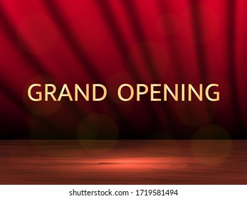 Vector stock illustration. Grand opening text. Wooden stage with curtains.