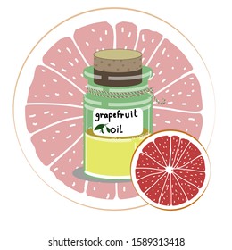 Vector stock illustration of grapefruit essential oil bottle. Cosmetology and spa procedures, aromatherapy. Herbal art.