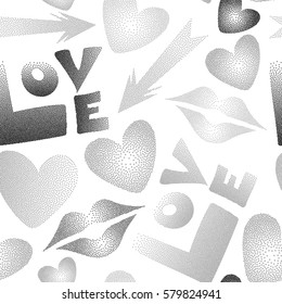 Vector stock illustration in gray colors. Love word, hearts and lipstick kiss seamless pattern on white background.