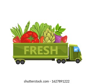 Vector Stock Illustration With Green Truck Full Of Fresh Vegetables And Berries. Farm Products Delivery Concept In Cartoon Style Isolated On White. Logo For Distribution Business Owners. 