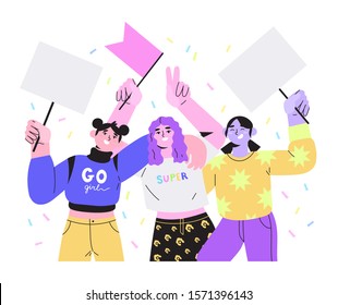 Vector stock illustration of a group of girls or women fighting for their rights and equality, against violence, descrimination. People holding placard or banners, signs on a protest demostration.