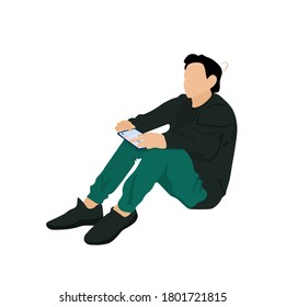 Ilustración vectorial de un hombre sentado con una tableta en las manos. El chico está enviando mensajes de texto en las redes sociales. Un jugador jugando una consola. Un estudiante estudiando el material de la lección a distancia, en línea.
