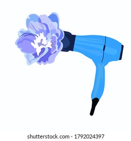 Vector stock illustration of a hair dryer. Concept of a hair salon with a blue flower Bud close-up. Hair care. Fan to dry your hair. Isolated on a white background.