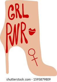 Vector stock illustration of hand drawn doodle boot with lettering and colorful cartoon elements. Girl power quote.