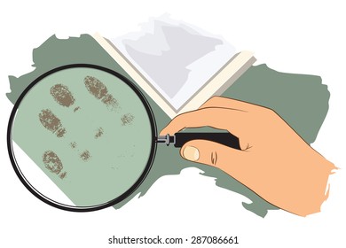 Vector stock illustration. Hand with magnifying glass studies handprint.