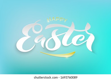 Vector stock illustration of Happy Easter text Hand drawn lettering for Pascha holiday. Spring season greetings. Paper cut effect. EPS 10