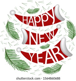 Vector stock illustration. Happy new year congratulations, post card design. Circle pattern, garland, red hats, pine branches.