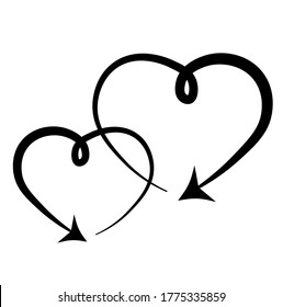 Vector Stock Illustration Of A Heart. Monochrome Logo Of Two Hearts Woven Together In The Form Of Arrows. A Template For A Tattoo. For Valentine's Day. One Line.  Isolated On A White Background