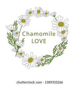 Vector stock illustration of herbal border template. Cosmetology and spa procedures. Chamomile love on circle frame.