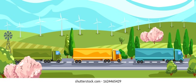 Vector stock illustration with highway, wind turbines, trees in bloom and trucks. Horizontal road landscape with lorries, fields and blue sky. Concept for delivery companies.
