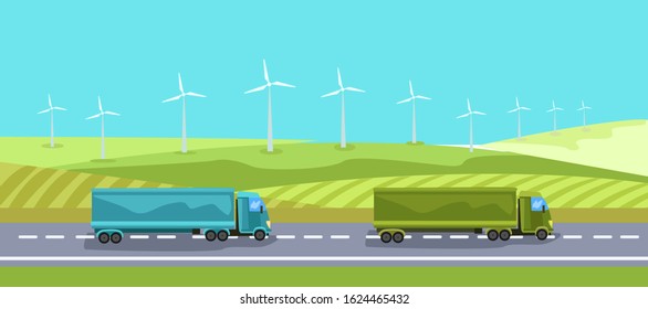 Vector stock illustration with highway, wind turbines and trucks. Horizontal road landscape with lorries, fields and blue sky. Banner in modern flat style.