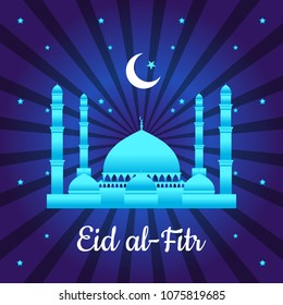 Vector stock illustration for the holiday Eid al-Fitr. A Muslim holiday. Symbols and signs. Can be used to design a greeting card, a banner, a poster. Image of a mosque and month on a dark background.