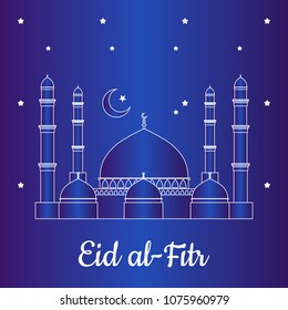 Vector stock illustration for the holiday Eid al-Fitr. A Muslim holiday. Symbols and signs. Can be used to design a greeting card, a banner, a poster. Image of a mosque and month on a dark background.