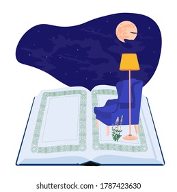 Vector stock illustration of home comfort. Reading a book at night in a blue armchair. Sticker for an online store. Children's story. Home library. Night sky. Isolated on a white background.