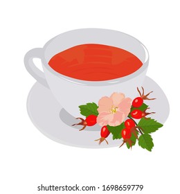 Vector stock illustration of hot red tea with berries. dog rose and green watercolor leaves. The Cup and saucer. Morning, Breakfast. Large pink flower buds. Viburnum. For menu, invitations, banners
