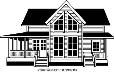 Vector stock illustration of house. Black and white art. Architecture design. wooden home with stareways, windows, doors.
