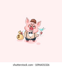 Vector Stock Illustration isolated Emoji character cartoon pig sticker emoticon with bag of money and glass martini celebrates happy profits dollars earnings income salary for site infographic video