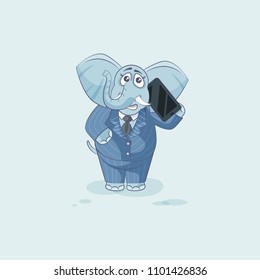 Vector Stock Illustration isolated Emoji character cartoon happy wealth riches elephant sticker emoticon conducts business negotiations on smart phone for mobile app website infographic motion design