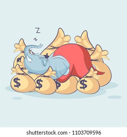 Vector Stock Illustration isolated Emoji character cartoon happy wealth riches elephant sticker emoticon sleeps on bags money rest after profit dollar earning income salary infographic motion design
