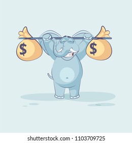 Vector Stock Illustration isolated Emoji character cartoon happy wealth riches elephant sticker emoticon raises barbell with bags of money profit dollar earning income salary video infographic element