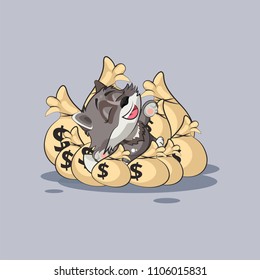 Vector Stock Illustration isolated Emoji character cartoon wealth riches wolf cub pup sticker emoticon lies happy on bags of money celebrates profits dollars earnings income salary infographic design