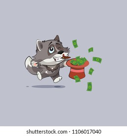 Vector Stock Illustration isolated Emoji character cartoon wealth riches wolf cub pup sticker emoticon jumping for joy with hat of money celebrate profit dollar earning income salary motion design