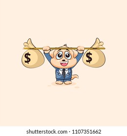 Vector Stock Illustration isolated Emoji character cartoon happy wealth riches dog cub puppy pup in business suit sticker emoticon raises barbell bags money profit dollar earning income salary design