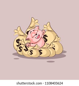 Vector Stock Illustration isolated Emoji character cartoon wealth riches cat tomcat kitten kitty sticker emoticon lies happy on bags of money celebrates profits dollars earnings income salary design