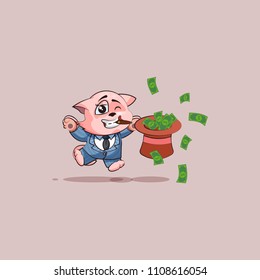 Vector Stock Illustration isolated Emoji character cartoon in business suit wealth riches cat cub kitten kitty sticker emoticon jumping for joy with hat of money celebrate profit dollar earning income