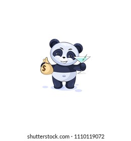 Vector Stock Illustration isolated Emoji character cartoon panda bamboo bear Chinese symbol sticker emoticon with bag of money and glass martini celebrates happy profits dollars earnings income salary