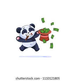 Vector Stock Illustration isolated Emoji character cartoon wealth riches panda bamboo bear Chinese symbol sticker emoticon jumping for joy with hat money celebrate profit dollar earning income salary