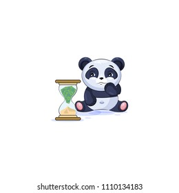 Vector Stock Illustration isolated Emoji character cartoon businessman sad panda bamboo bear Chinese symbol sticker emoticon sits at hourglass money goes as sand, losses cost spending expense charges