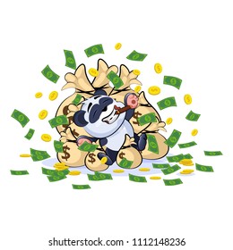 Vector Stock Illustration isolated Emoji character cartoon wealth riches panda bamboo bear Chinese symbol sticker emoticon lies happy on bags of money celebrates profits dollars earnings income salary