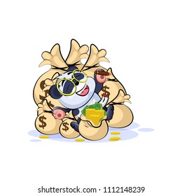 Vector Stock Illustration isolated Emoji character cartoon wealth riches panda bamboo bear Chinese symbol sticker emoticon lies happy on bags of money celebrates profits dollars earnings income salary