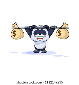 Vector Stock Illustration isolated Emoji character cartoon happy wealth riches panda bamboo bear Chinese symbol sticker emoticon raises barbell bags of money profit dollar earning income salary design