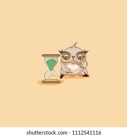 Vector Stock Illustration isolated Emoji character cartoon businessman sad Owl eagle-owl Owlet howlet sticker emoticon sits at hourglass money goes as sand, losses cost spending expense charges