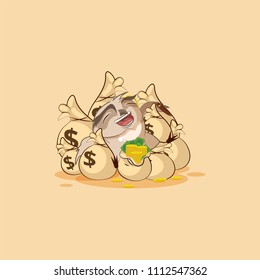 Vector Stock Illustration isolated Emoji character cartoon wealth riches owl sticker emoticon lies happy on bags of money celebrates profits dollars earnings income salary for site infographic video