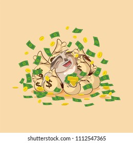 Vector Stock Illustration Isolated Emoji Character Cartoon Wealth Riches Owl Sticker Emoticon Lies Happy On Bags Of Money Celebrates Profits Dollars Earnings Income Salary For Site Infographic Video