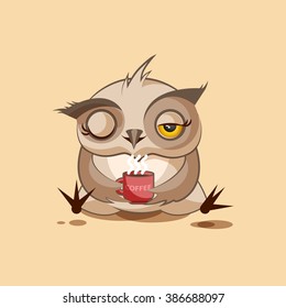 Vector Stock Illustration isolated Emoji character cartoon owl just woke up with cup of coffee sticker emoticon for site, infographic, video, animation, websites, e-mails, newsletters, reports, comics