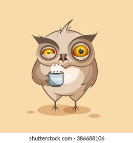 Vector Stock Illustration isolated Emoji character cartoon owl nervous with cup of coffee sticker emoticon for site, infographics, video, animation, websites, e-mails, newsletters, reports, comics