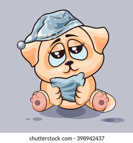 Vector Stock Illustration isolated Emoji character cartoon sleepy dog in nightcap with pillow sticker emoticon