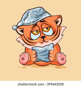 Vector Stock Illustration isolated Emoji character cartoon sleepy Tiger cub in nightcap with pillow sticker emoticon for site, infographic, video, animation, website, e-mail, newsletter, report, comic