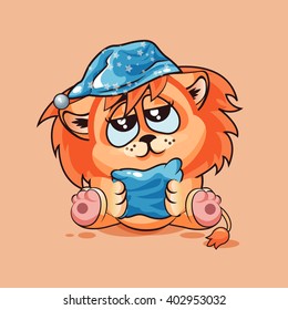 Vector Stock Illustration isolated Emoji character cartoon sleepy Lion cub in nightcap with pillow sticker emoticon for site, infographic, video, animation, website, e-mail, newsletter, report, comic