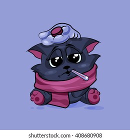 Vector Stock Illustration isolated Emoji character cartoon black cat sick with thermometer in mouth sticker emoticon for site, info graphic, video, animation, website, e-mail newsletter, report, comic