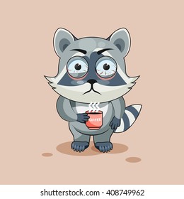 Vector Stock Illustration isolated Emoji character cartoon Raccoon cub nervous with cup of coffee sticker emoticon for site, info graphic, video, animation, websites, mails, newsletters, report, comic