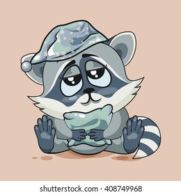 Vector Stock Illustration isolated Emoji character cartoon sleepy Raccoon cub in nightcap with pillow sticker emoticon for site, info graphic, video, animation, website, mail newsletter, report, comic