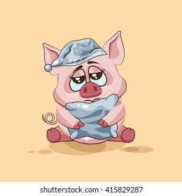 Vector Stock Illustration isolated Emoji character cartoon sleepy Pig in nightcap with pillow sticker emoticon for site, infographics, video, animation, websites, e-mails, newsletters, reports, comics